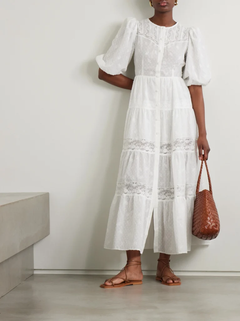 Loretta Caponi Poppi Lace-trimmed Tiered Broderie Anglaise Cotton Maxi Dress