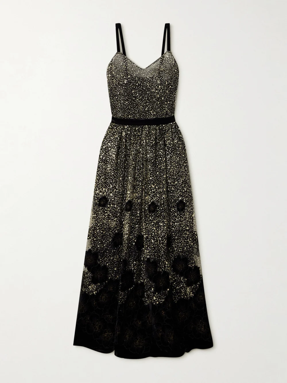 Loretta Caponi Primula Embellished Metallic Velvet-trimmed Tulle Maxi Dress in black