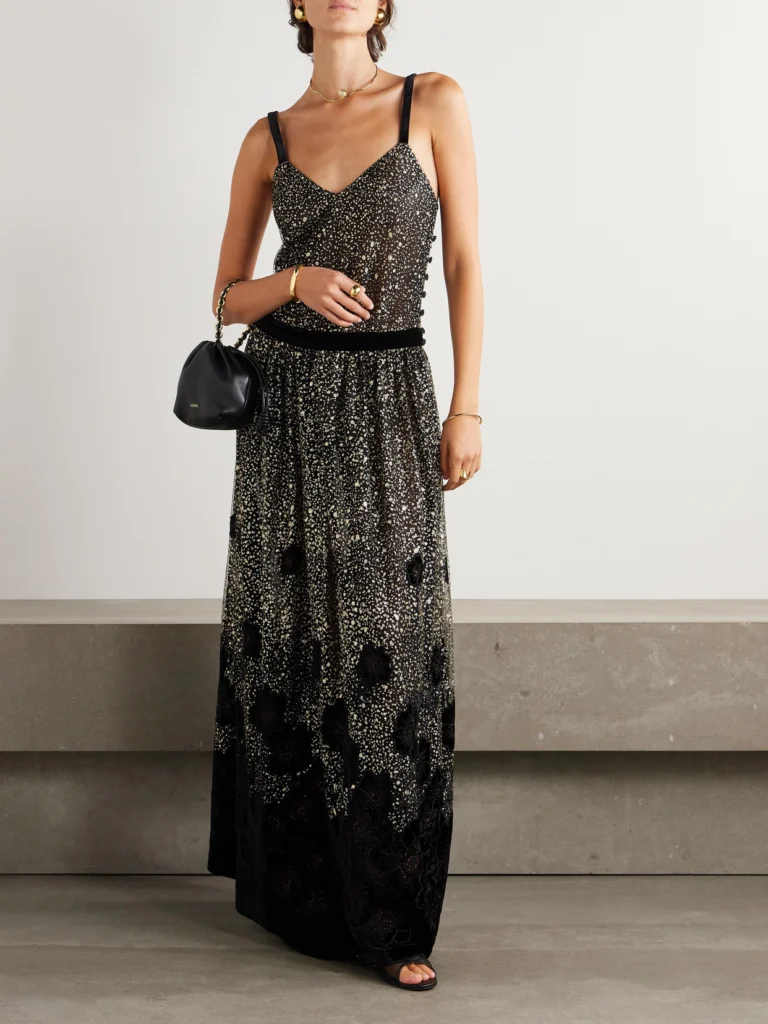 Loretta Caponi Primula Embellished Metallic Velvet-trimmed Tulle Maxi Dress