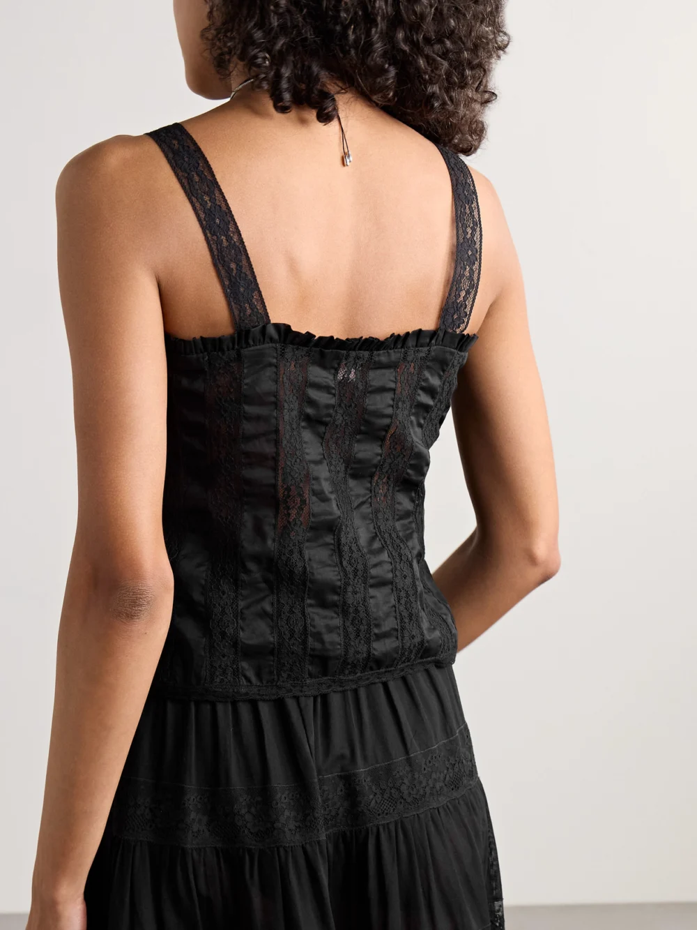 Back view of the Loretta Caponi Radda Ruffled Paneled Cotton-voile and Lace Top