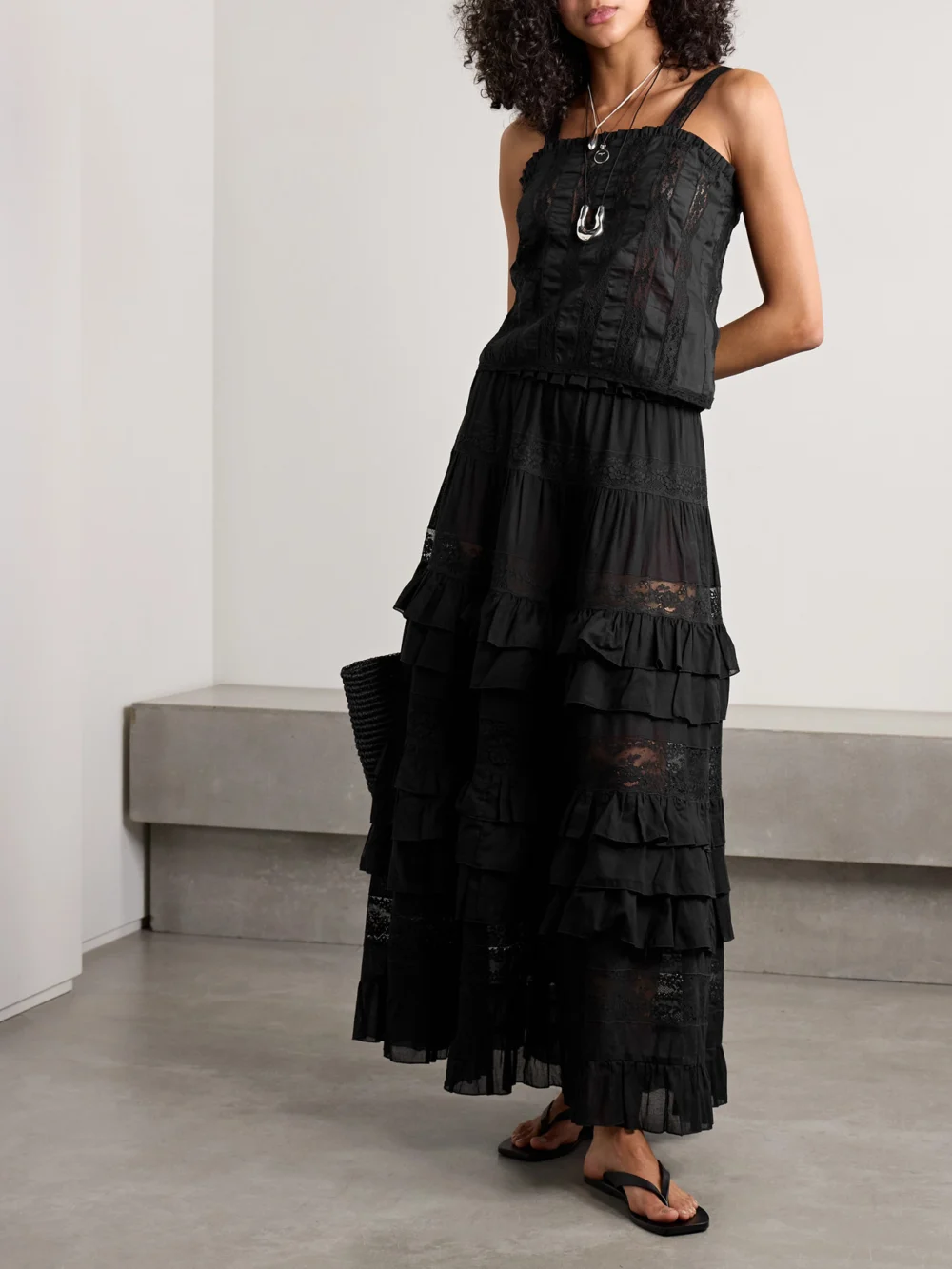 Loretta Caponi Radda Ruffled Paneled Cotton-voile and Lace Top, worn by a model