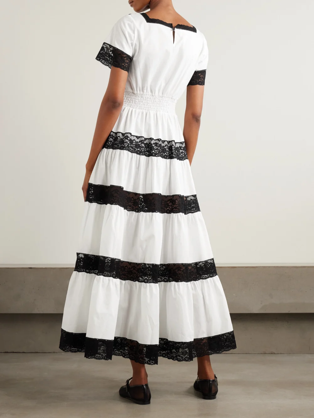 Back view of the Loretta Caponi Tiered Lace-trimmed Cotton-poplin Midi Dress