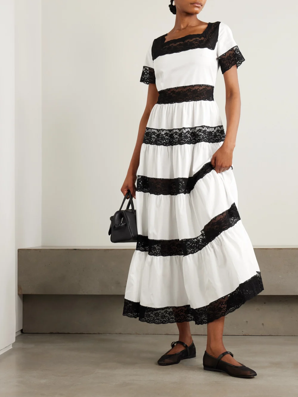 Loretta Caponi Tiered Lace-trimmed Cotton-poplin Midi Dress, worn by a model