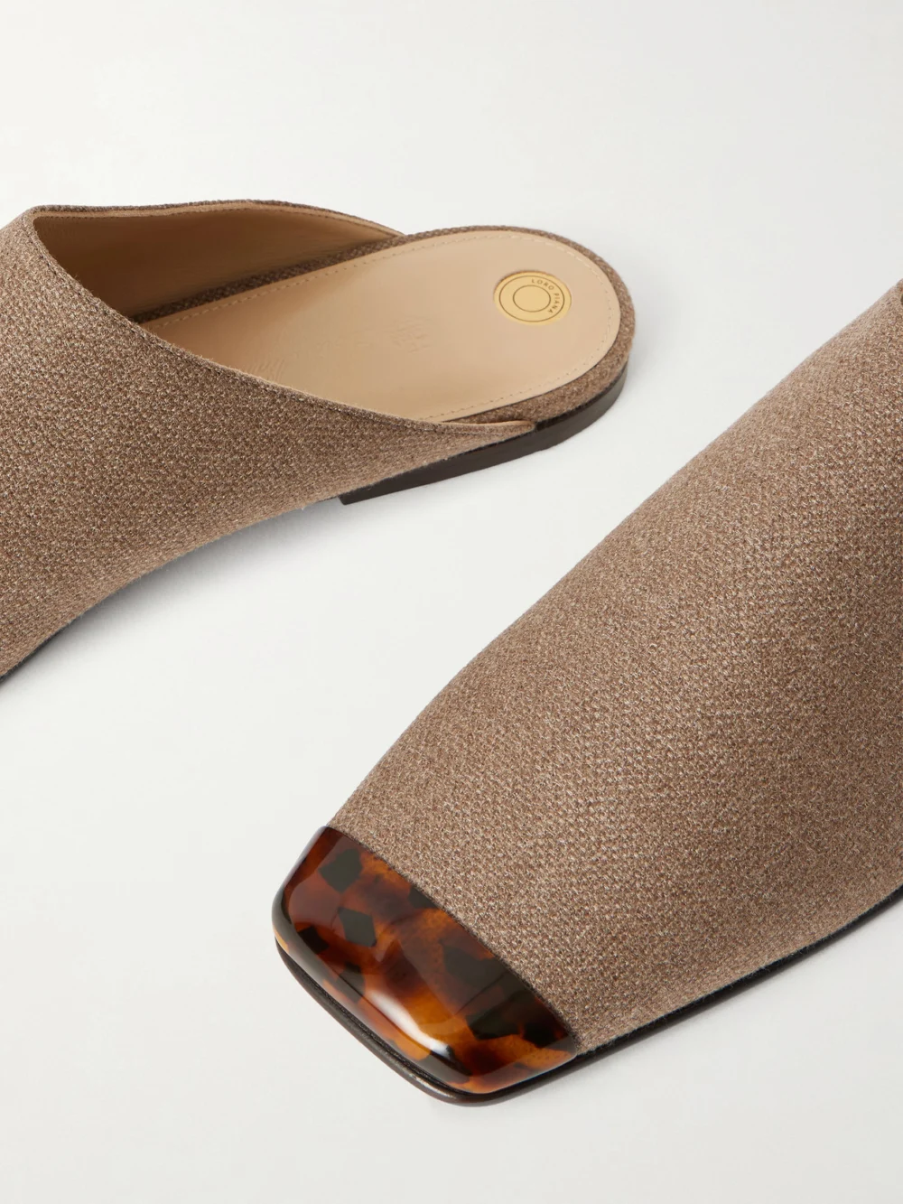 Close-up detail of the Loro Piana Alba Embellished Cashmere and Silk-blend Hopsack Slippers