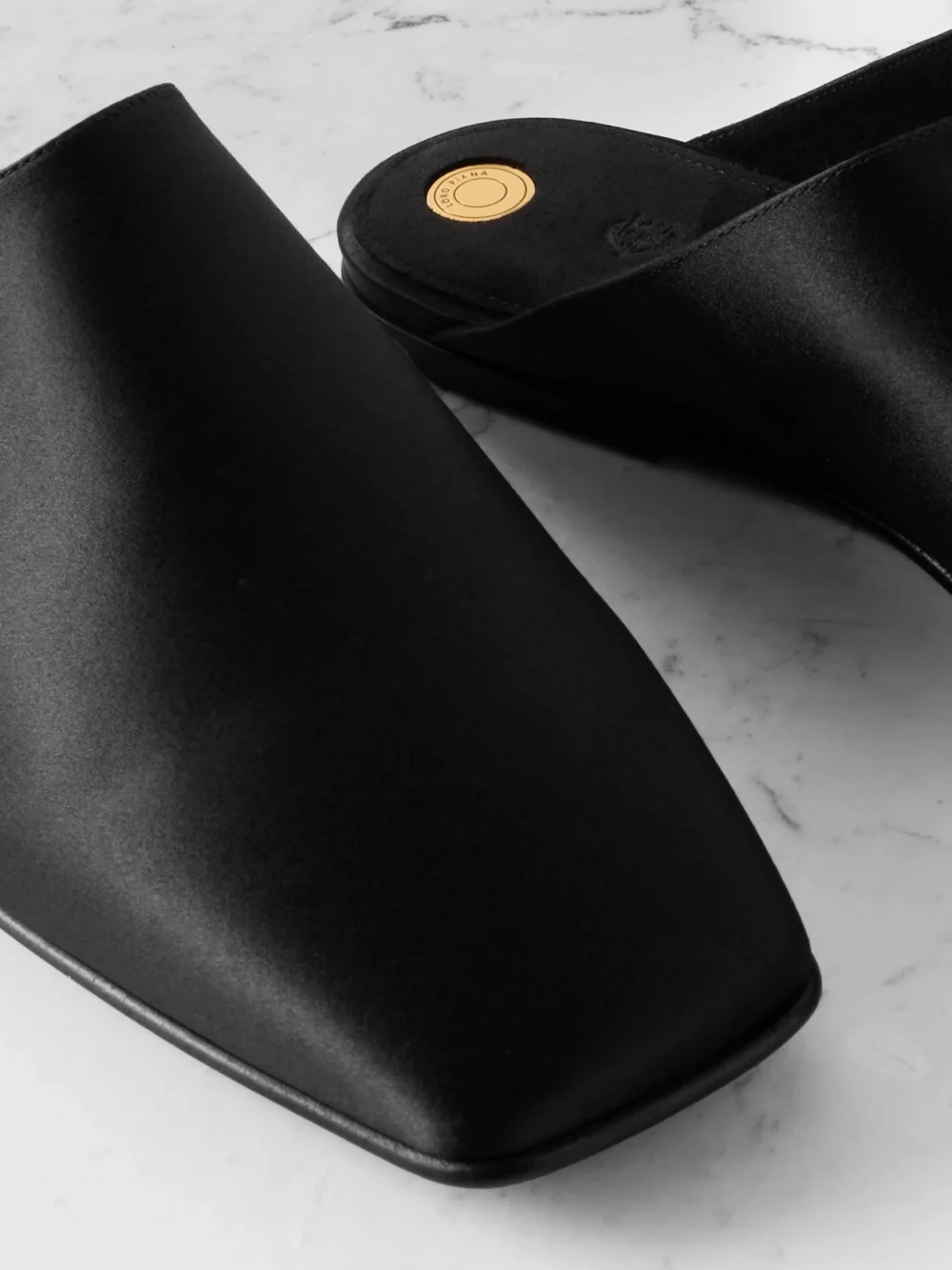 Close-up detail of the Loro Piana Alba Satin Slippers