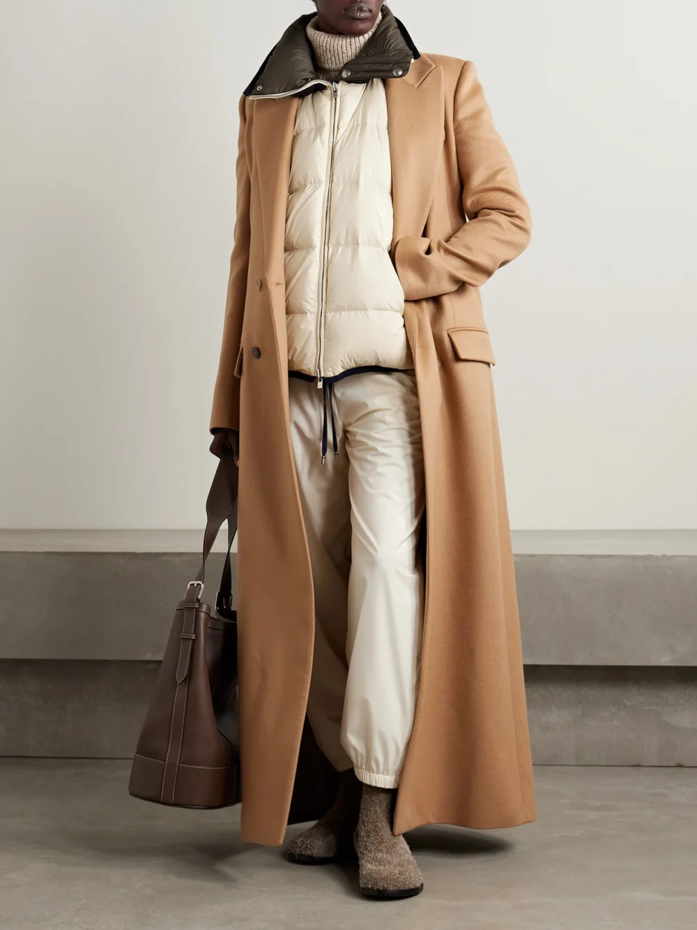 Loro Piana Andry Reversible Two-tone Quilted Shell Down Vest, worn by a model
