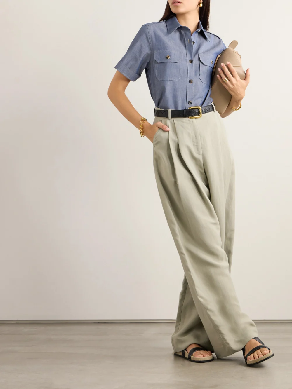 Loro Piana Annalisa Cotton and Cashmere-blend Chambray Shirt, worn by a model