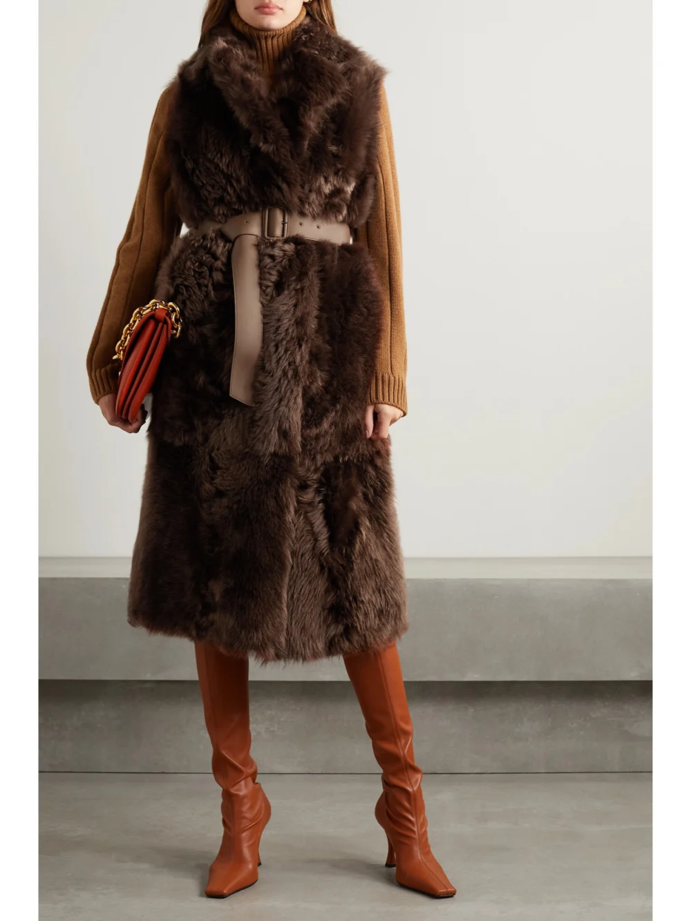 Loro Piana Ardis Reversible Belted Shearling and Suede Vest, worn by a model