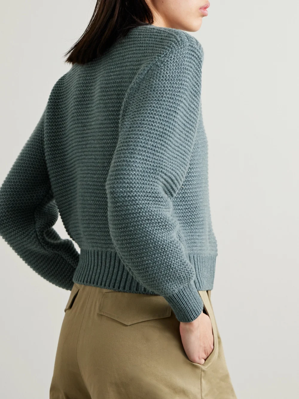 Back view of the Loro Piana Ashi Cropped Ribbed Cashmere Sweater