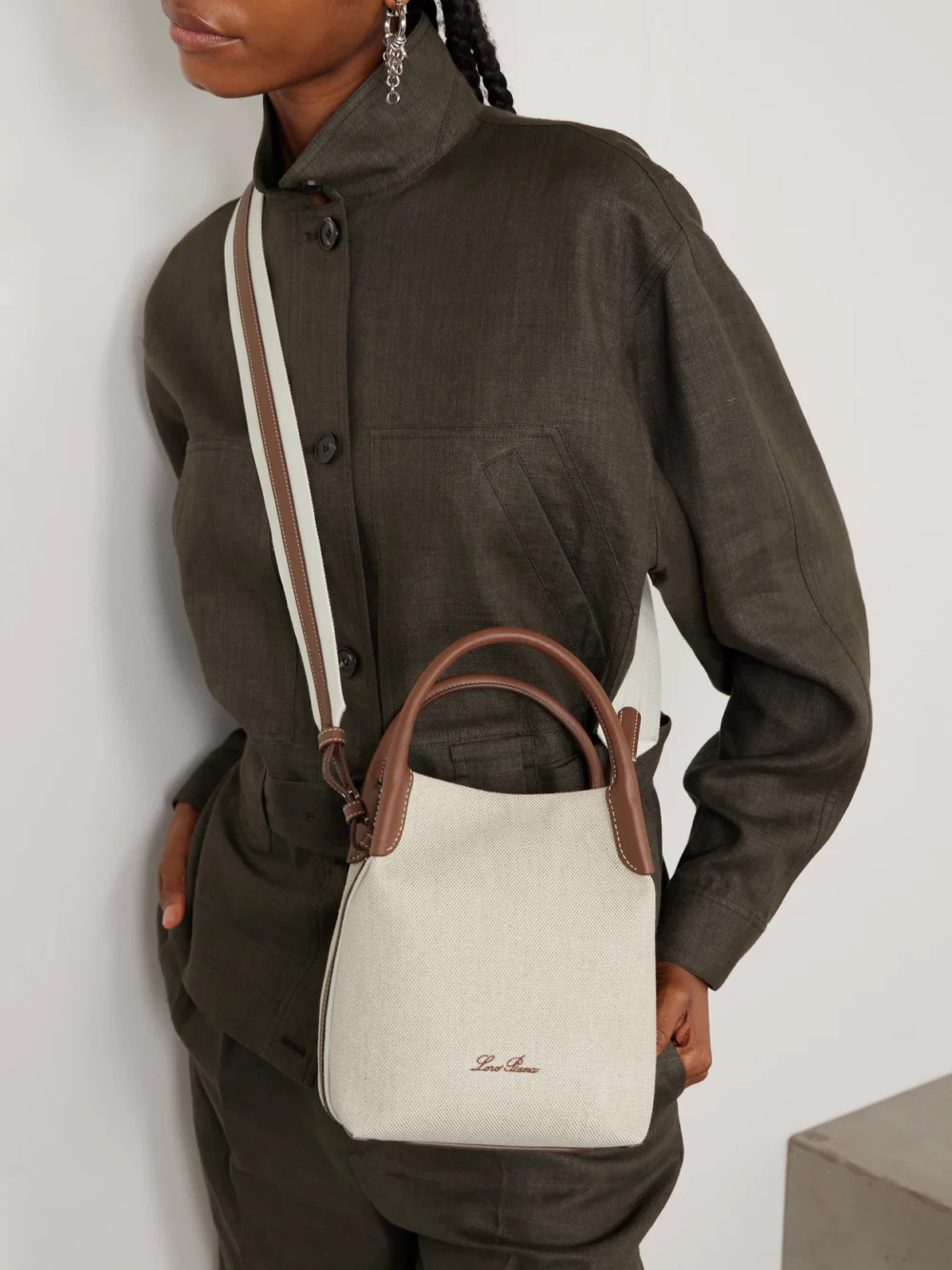 Loro Piana Bale Textured Leather-trimmed Canvas Tote, styled view