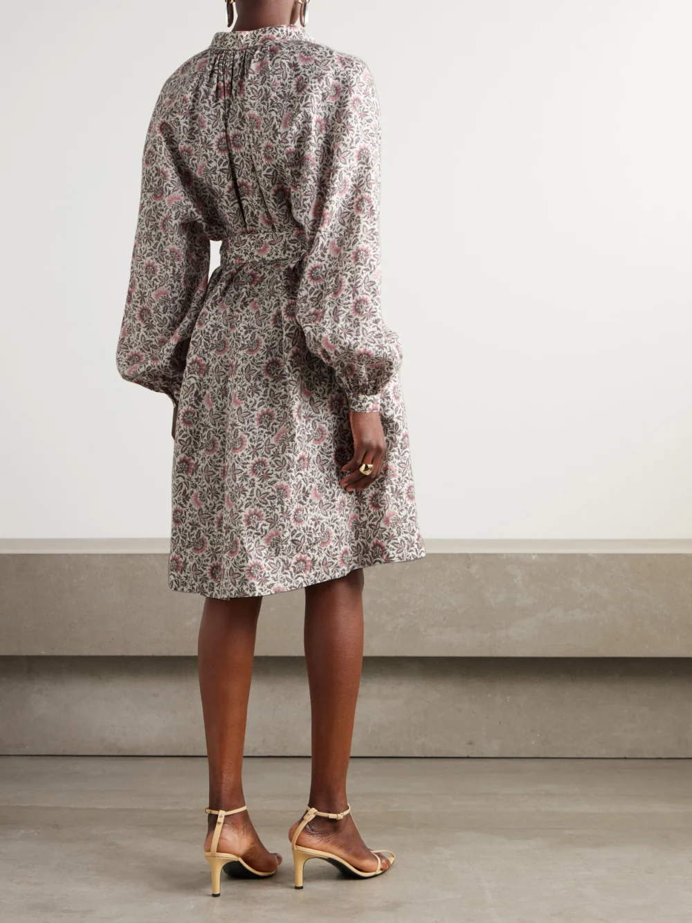 Back view of the Loro Piana Billie Belted Floral-print Linen-twill Mini Dress