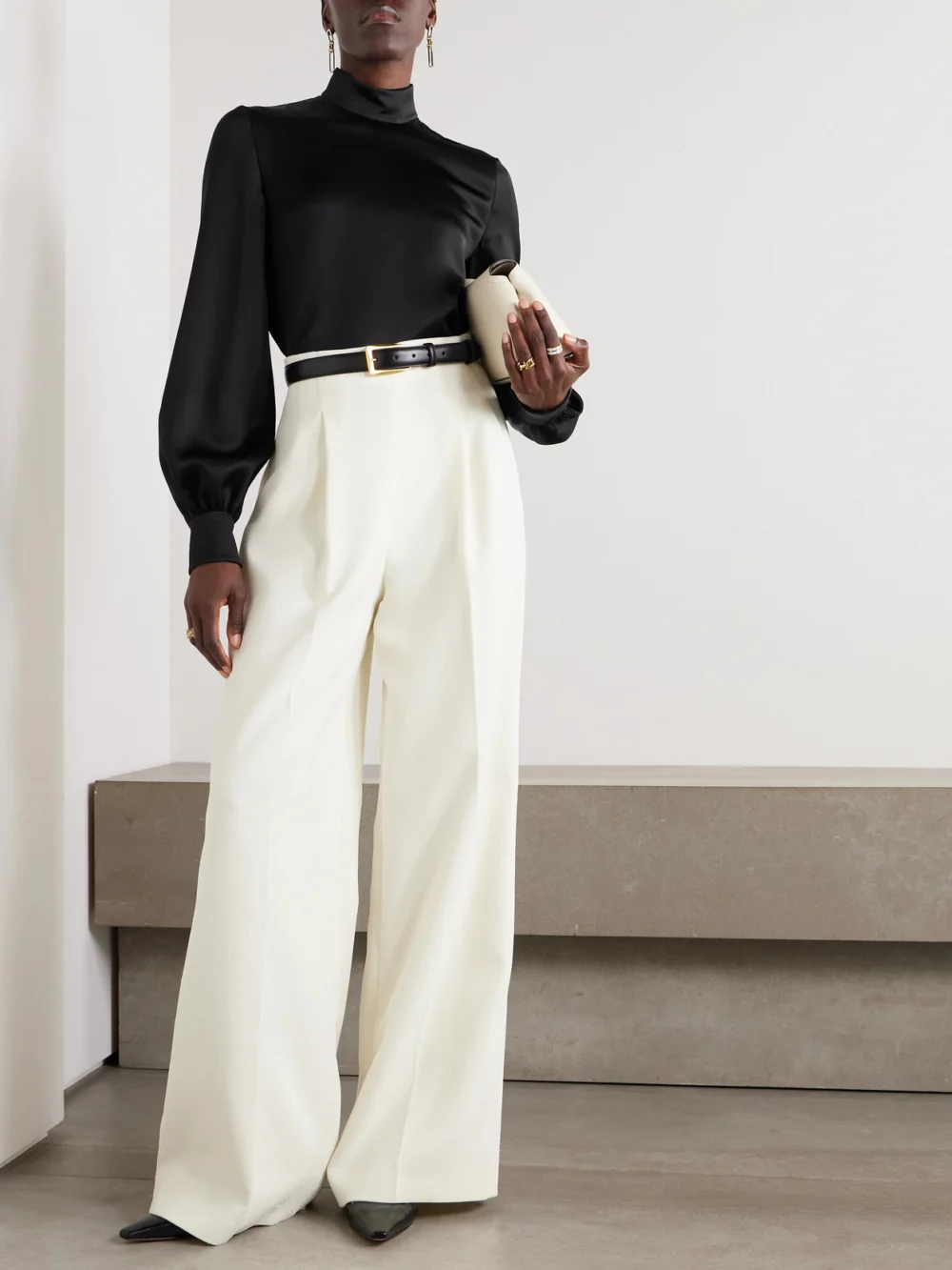 Loro Piana Carys Embellished Silk-satin Blouse, worn by a model