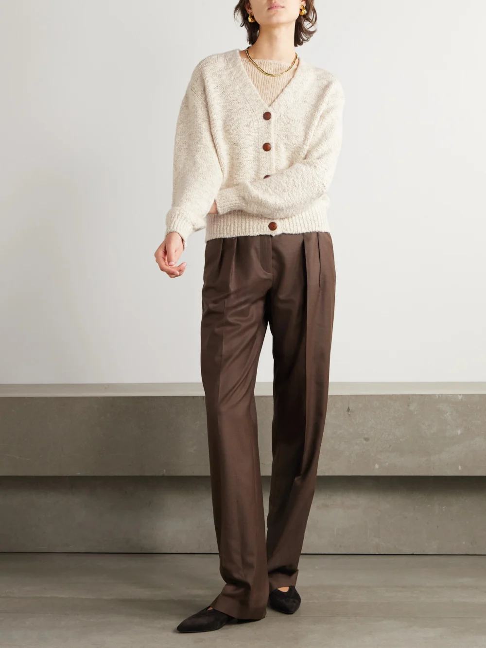 Loro Piana Cashmere-bouclé Cardigan, worn by a model