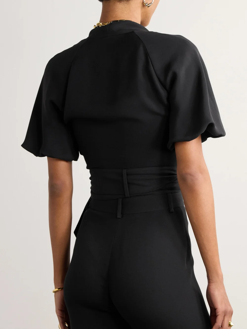 Back view of the Loro Piana Clancy Cropped Silk-cady Wrap Shirt