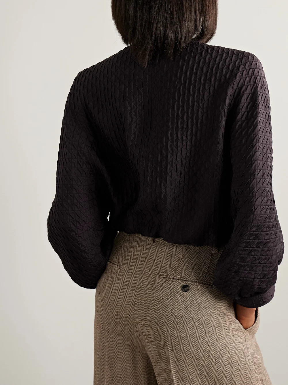 Back view of the Loro Piana Cropped Quilted Silk-cloqué Jacket