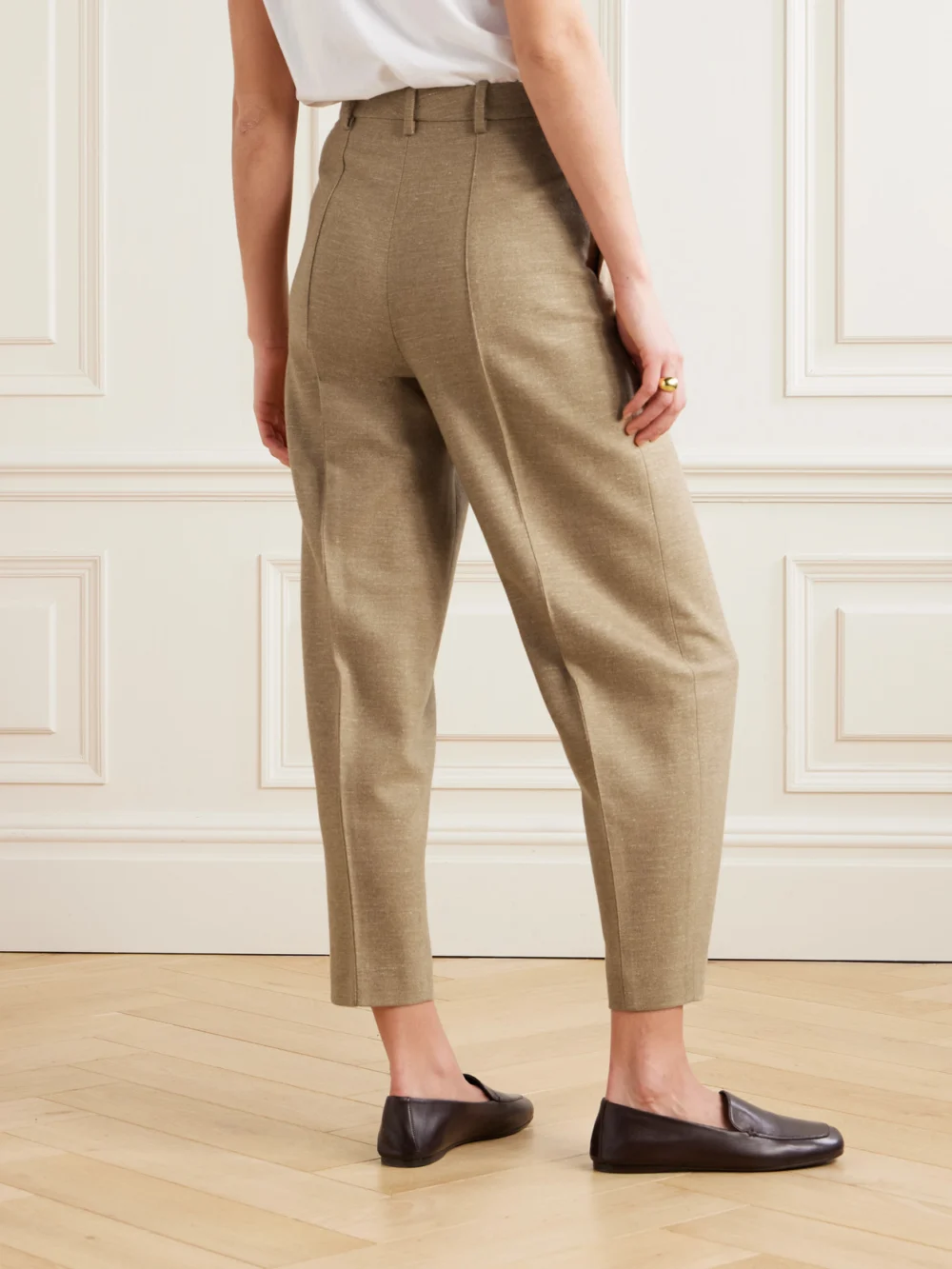 Back view of the Loro Piana Dan Pleated Wool, Cashmere and Linen-blend Tapered Pants