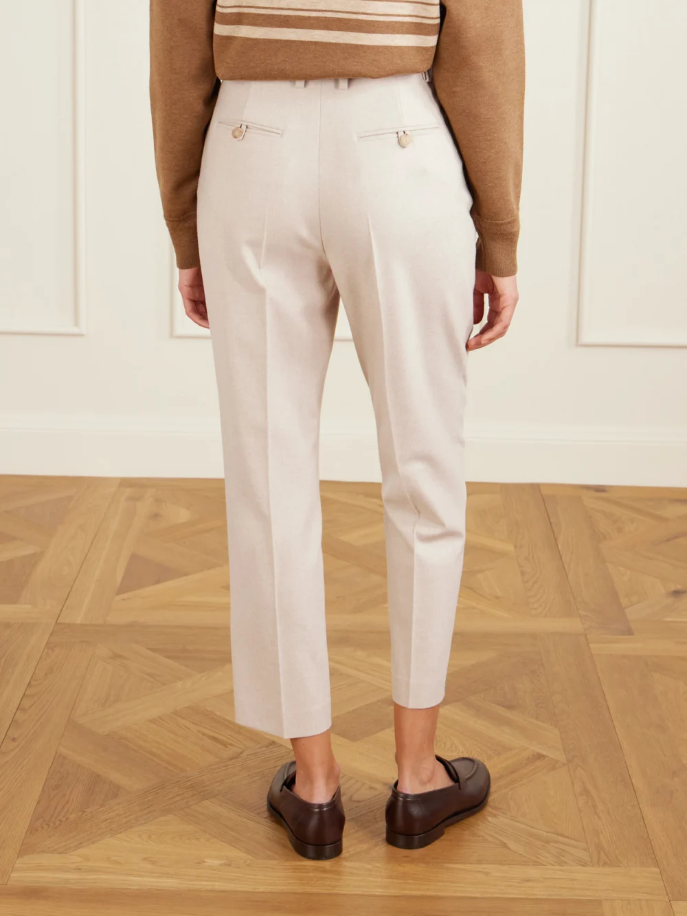 Back view of the Loro Piana Dermot Cropped Wool and Cashmere-blend Flannel Straight-leg Pants