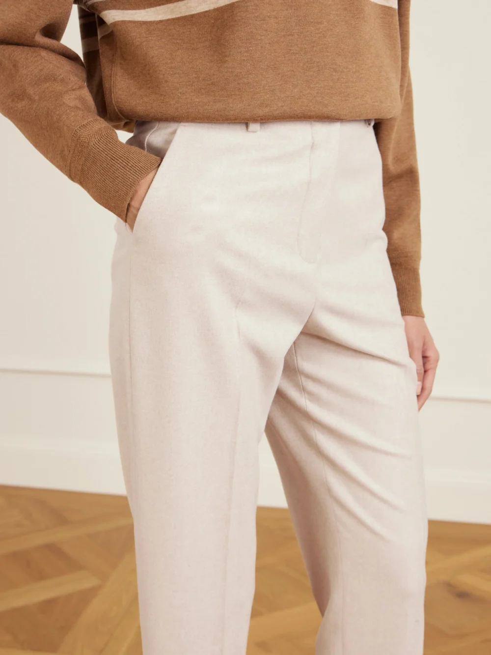 Close-up detail of the Loro Piana Dermot Cropped Wool and Cashmere-blend Flannel Straight-leg Pants