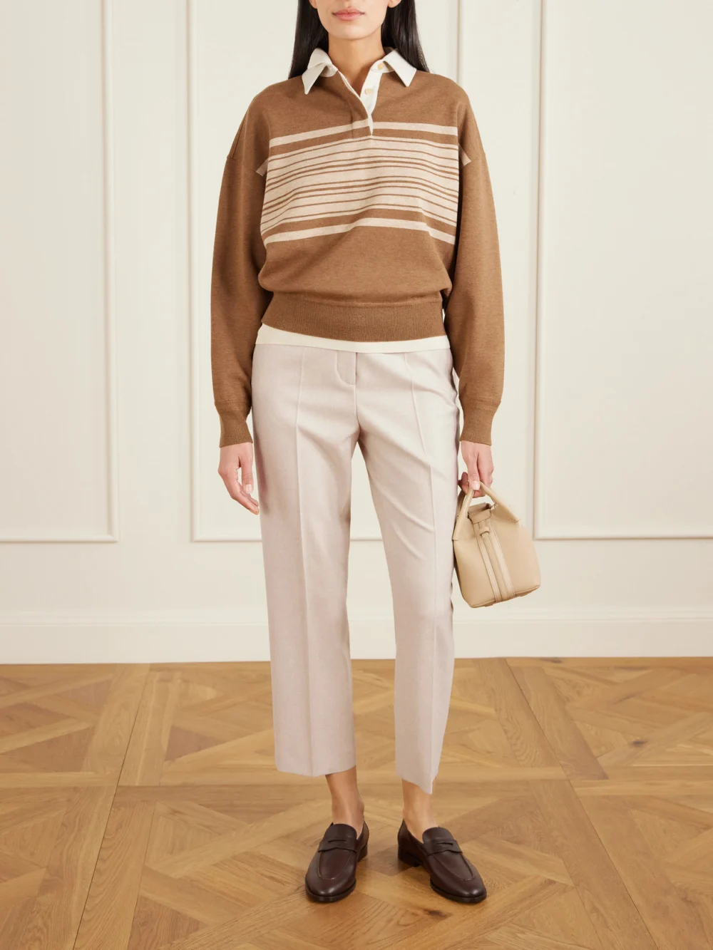 Loro Piana Dermot Cropped Wool and Cashmere-blend Flannel Straight-leg Pants, worn by a model