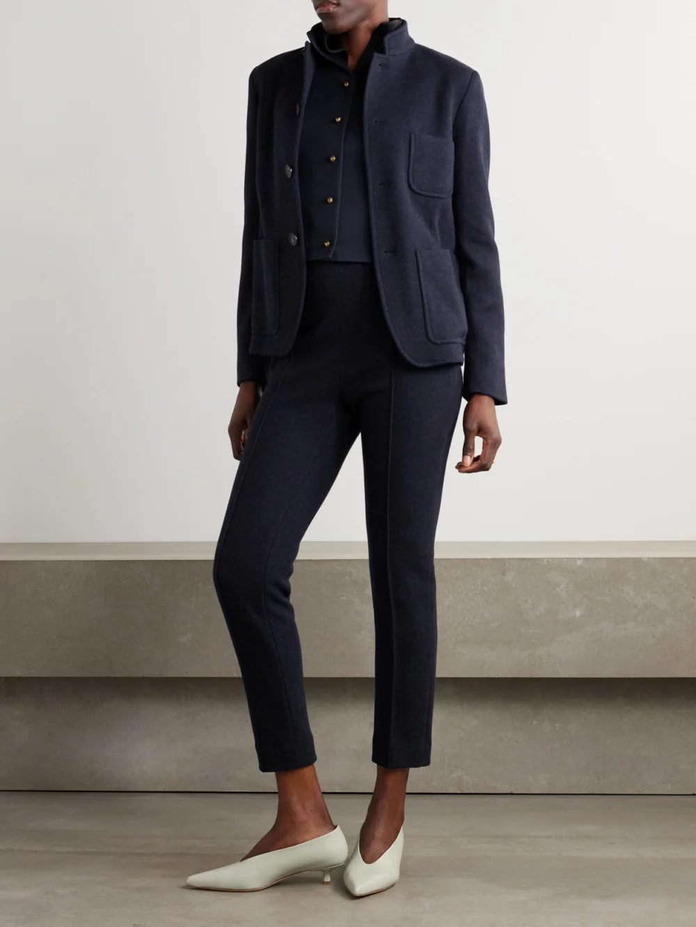 Loro Piana Dianne Layered Satin-trimmed Grain De Poudre Wool and Silk-blend Vest, worn by a model