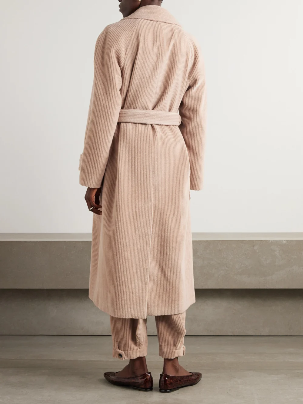Back view of the Loro Piana Double-breasted Belted Cashmere-corduroy Coat