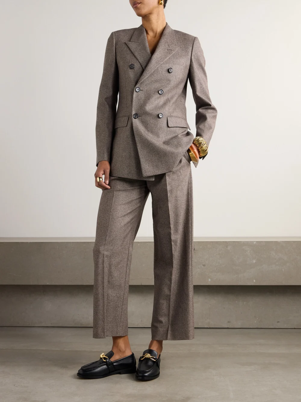 Loro Piana Double-breasted Wool and Cashmere-blend Twill Blazer, worn by a model