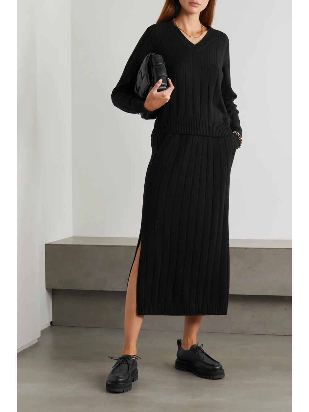 Loro Piana Duca D'aosta Ribbed Cashmere Midi Skirt, worn by a model
