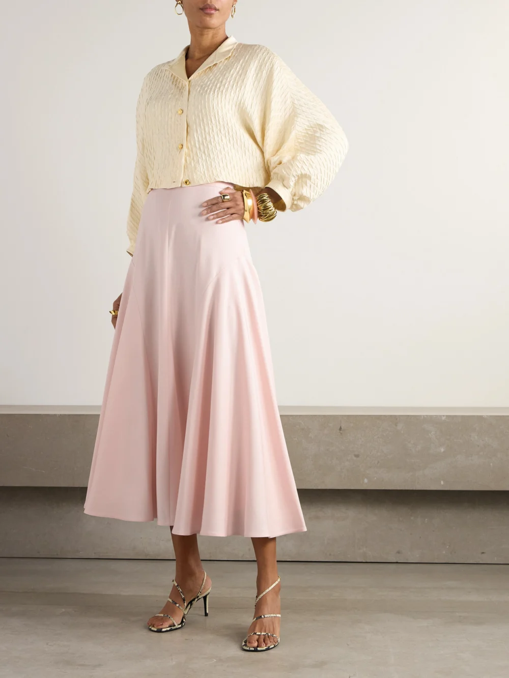Loro Piana Giustina Paneled Silk Midi Skirt, worn by a model