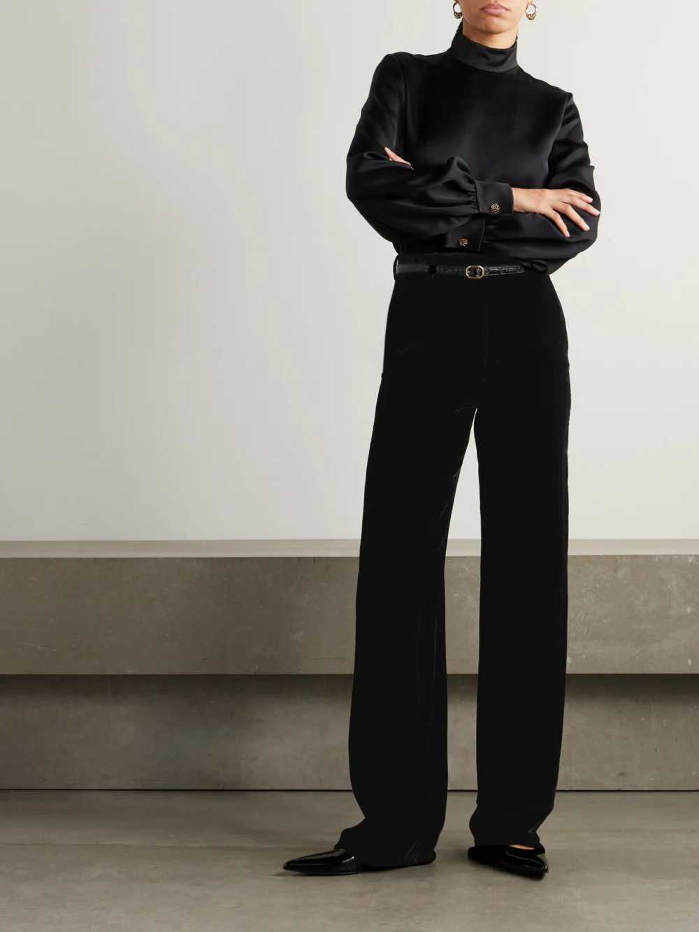 Loro Piana Goldie Velvet Wide-leg Pants, worn by a model