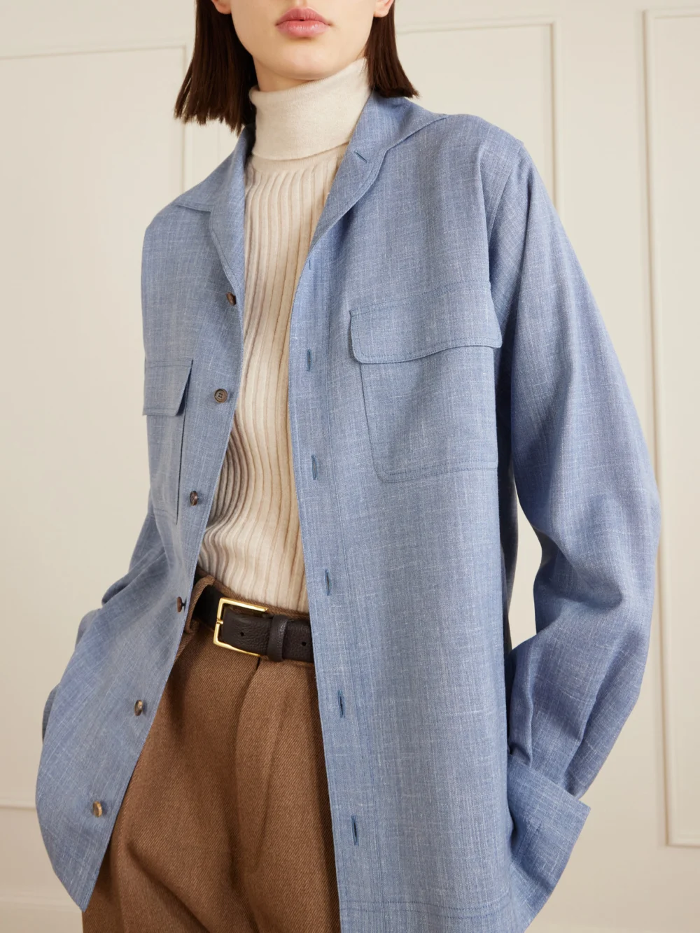 Close-up detail of the Loro Piana Ida Wool, Silk and Linen-blend Shirt