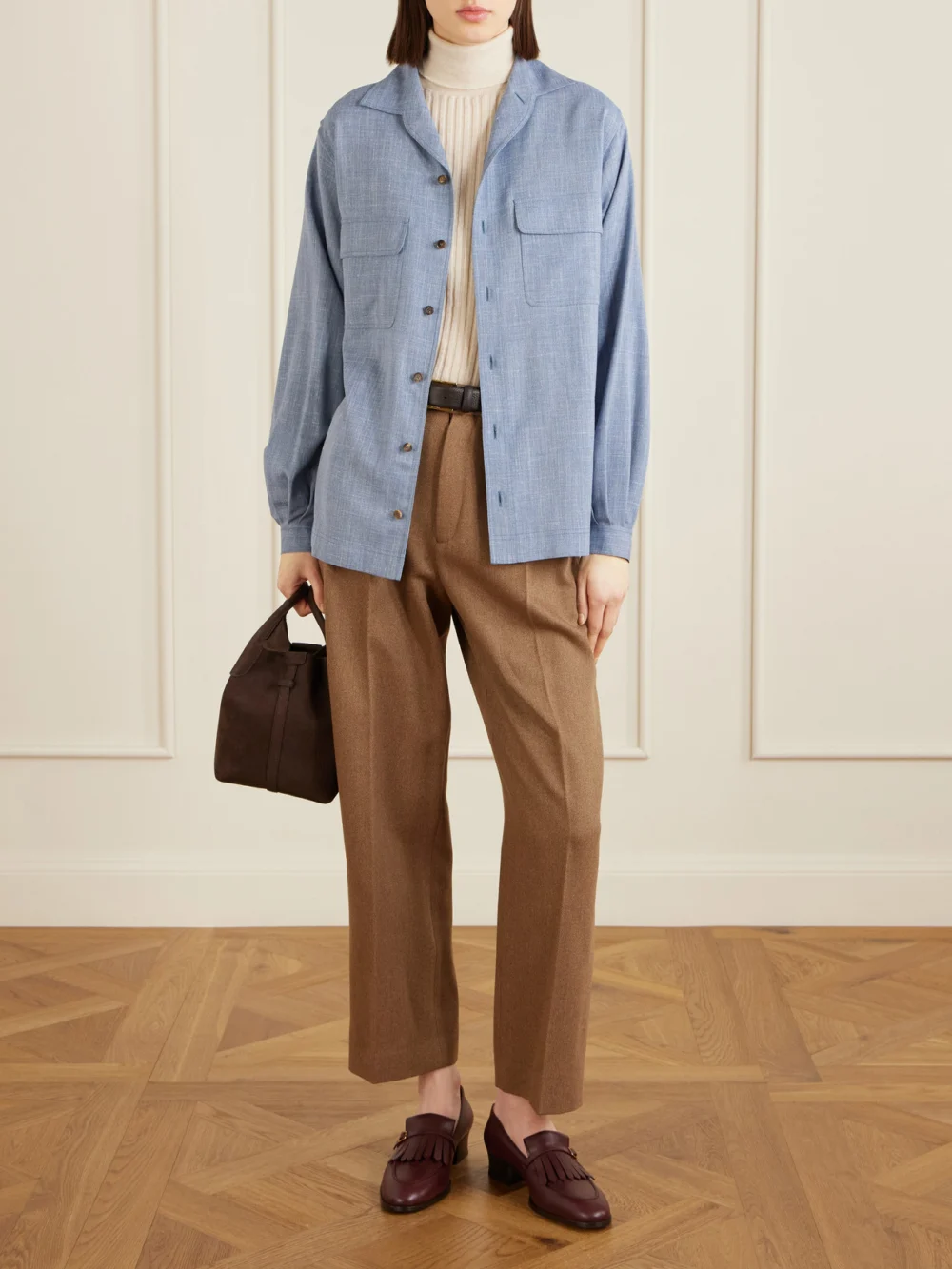 Loro Piana Ida Wool, Silk and Linen-blend Shirt, worn by a model