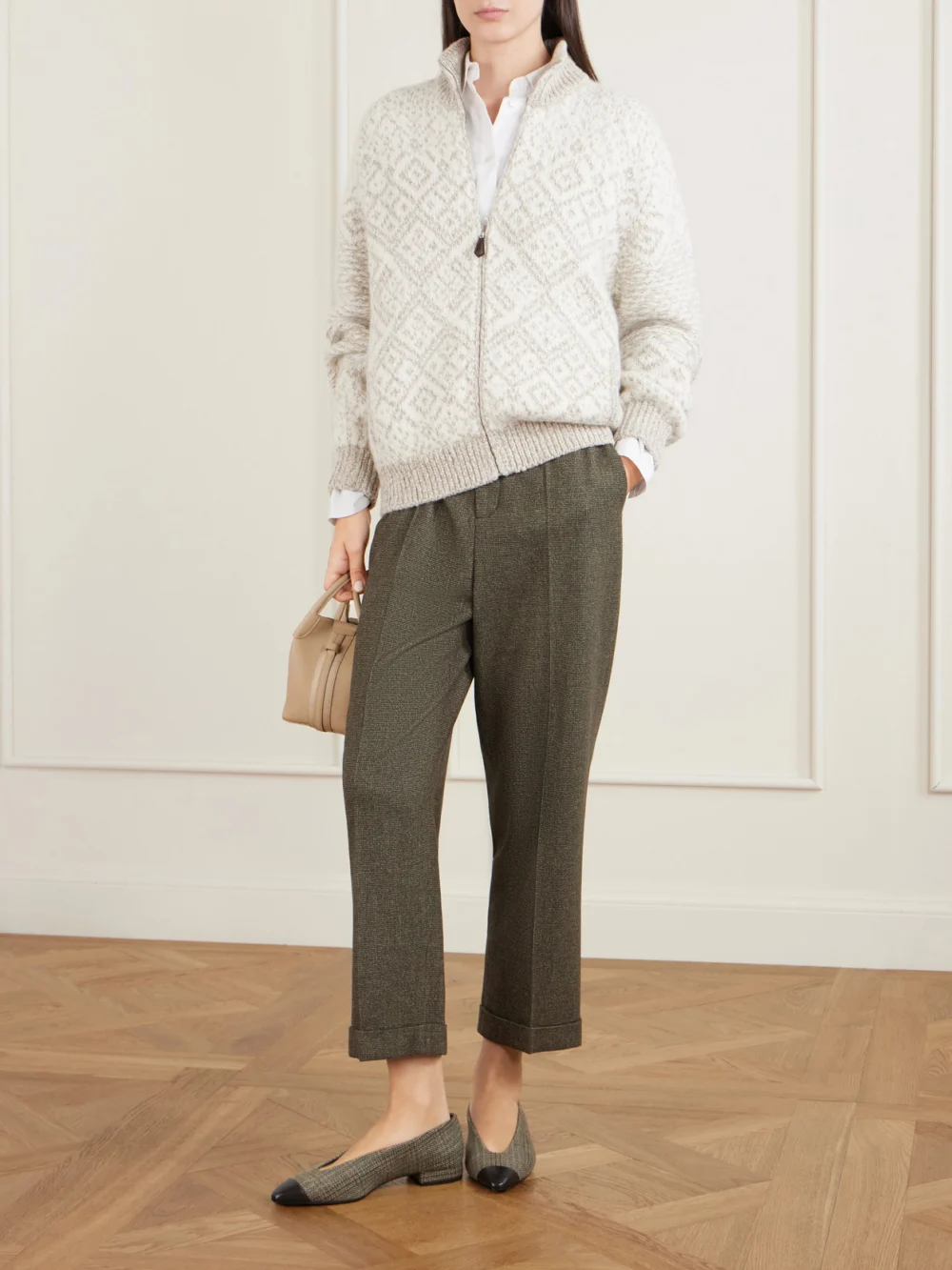 Loro Piana Jacquard-knit Cashmere Cardigan, worn by a model