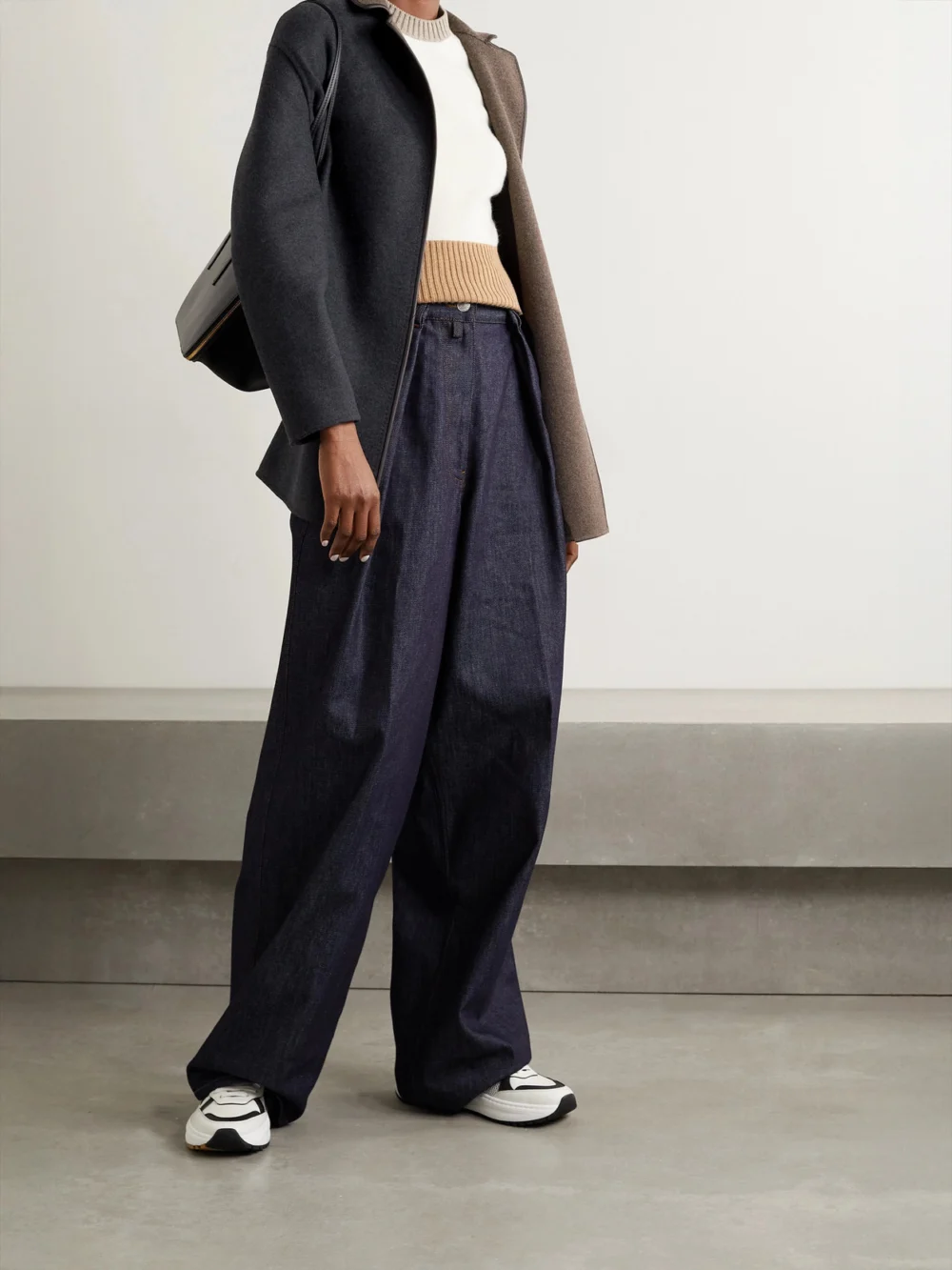 Loro Piana Jimi Reversible Belted Leather-trimmed Cashmere-blend Jacket, worn by a model