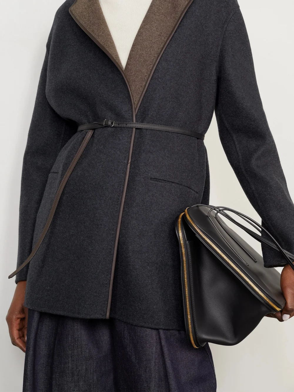 Side view of the Loro Piana Jimi Reversible Belted Leather-trimmed Cashmere-blend Jacket
