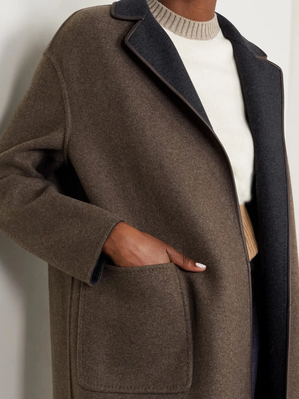 Loro Piana Jimi Reversible Belted Leather-trimmed Cashmere-blend Jacket, styled view