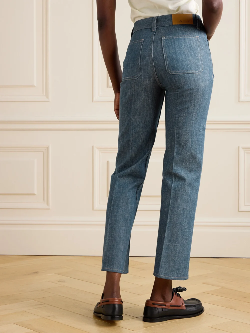 Back view of the Loro Piana Lamark High-rise Flared Jeans
