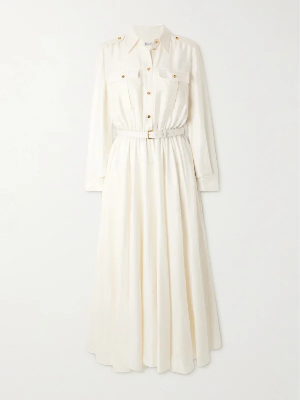 Loro Piana Lela Belted Leather-trimmed Silk-shantung Midi Shirt Dress