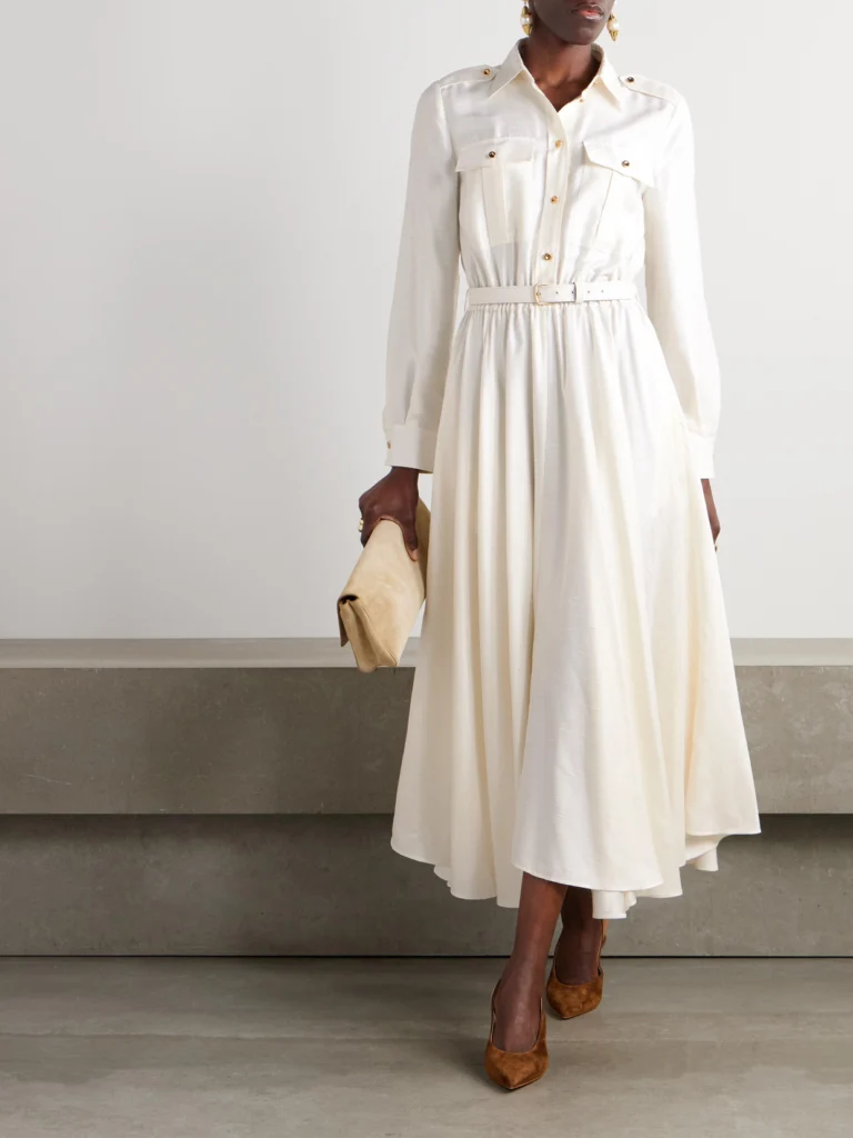 Loro Piana Lela Belted Leather-trimmed Silk-shantung Midi Shirt Dress