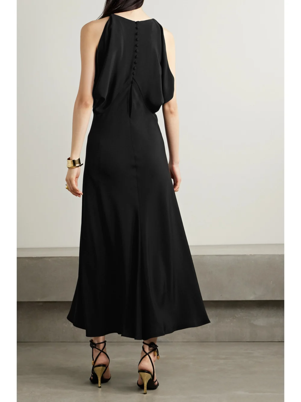 Back view of the Loro Piana Milena Draped Silk Midi Dress