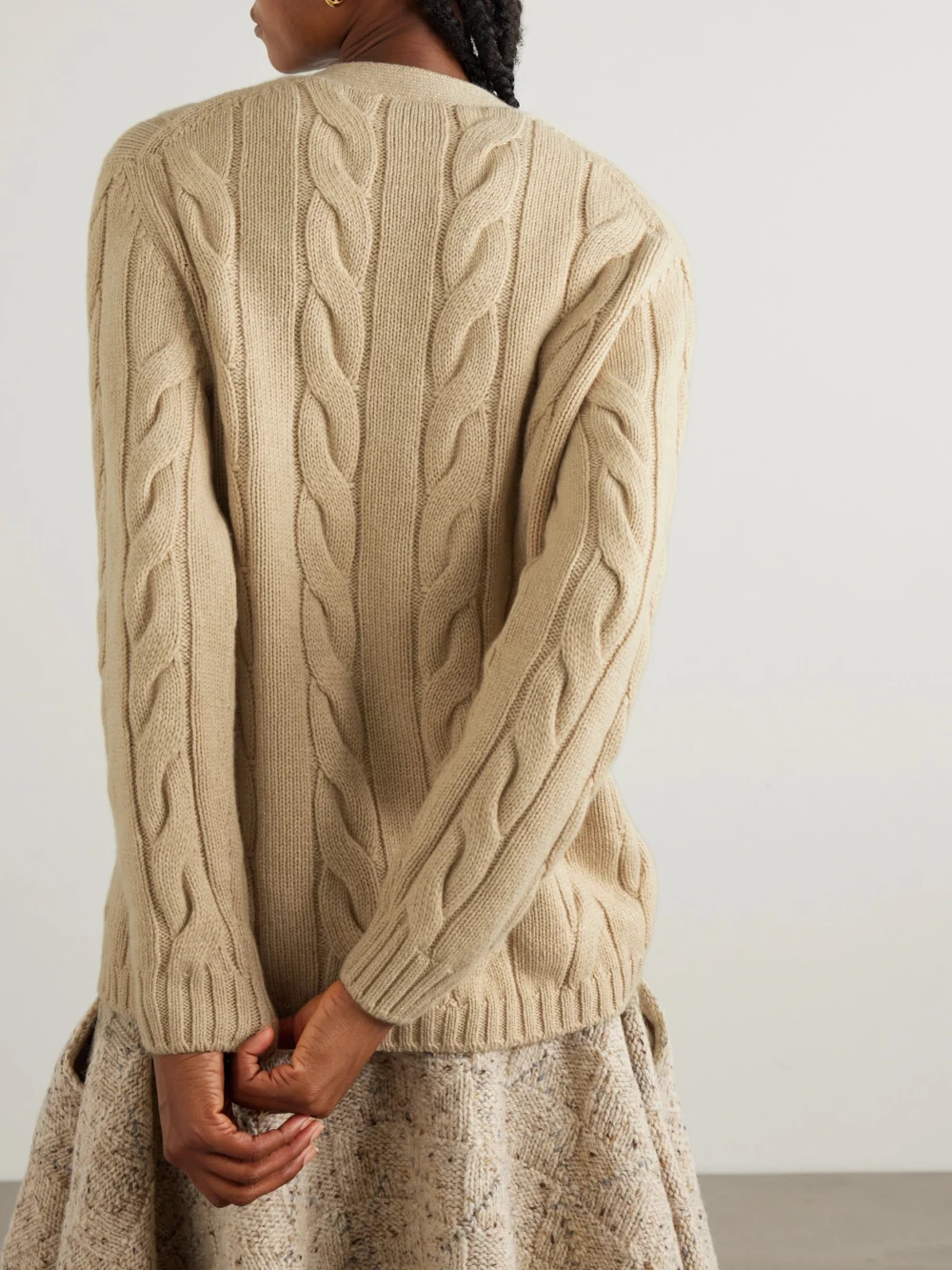 Back view of the Loro Piana Napier Cable-knit Cashmere Cardigan