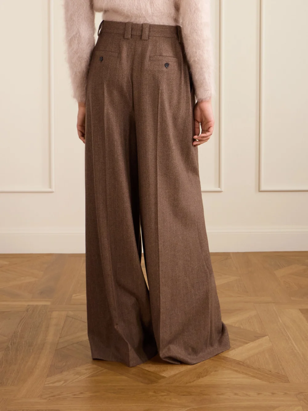 Back view of the Loro Piana Pleated Pinstriped Wool and Cashmere-blend Wide-leg Pants