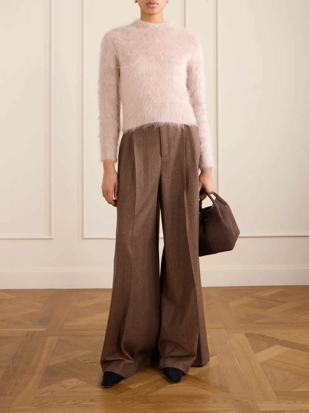 Loro Piana Pleated Pinstriped Wool and Cashmere-blend Wide-leg Pants, worn by a model