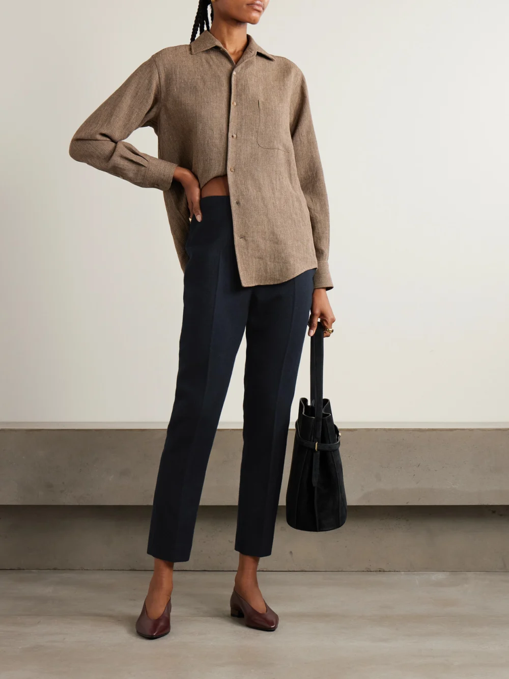 Loro Piana Ralph Pleated Cashmere Straight-leg Pants, worn by a model