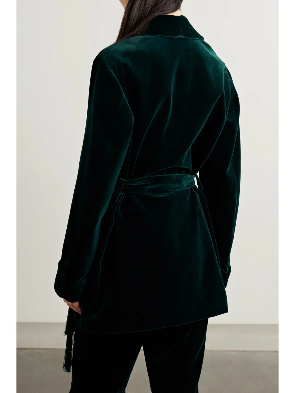 Back view of the Loro Piana Raniya Belted Macramé-trimmed Cotton-blend Velvet Jacket
