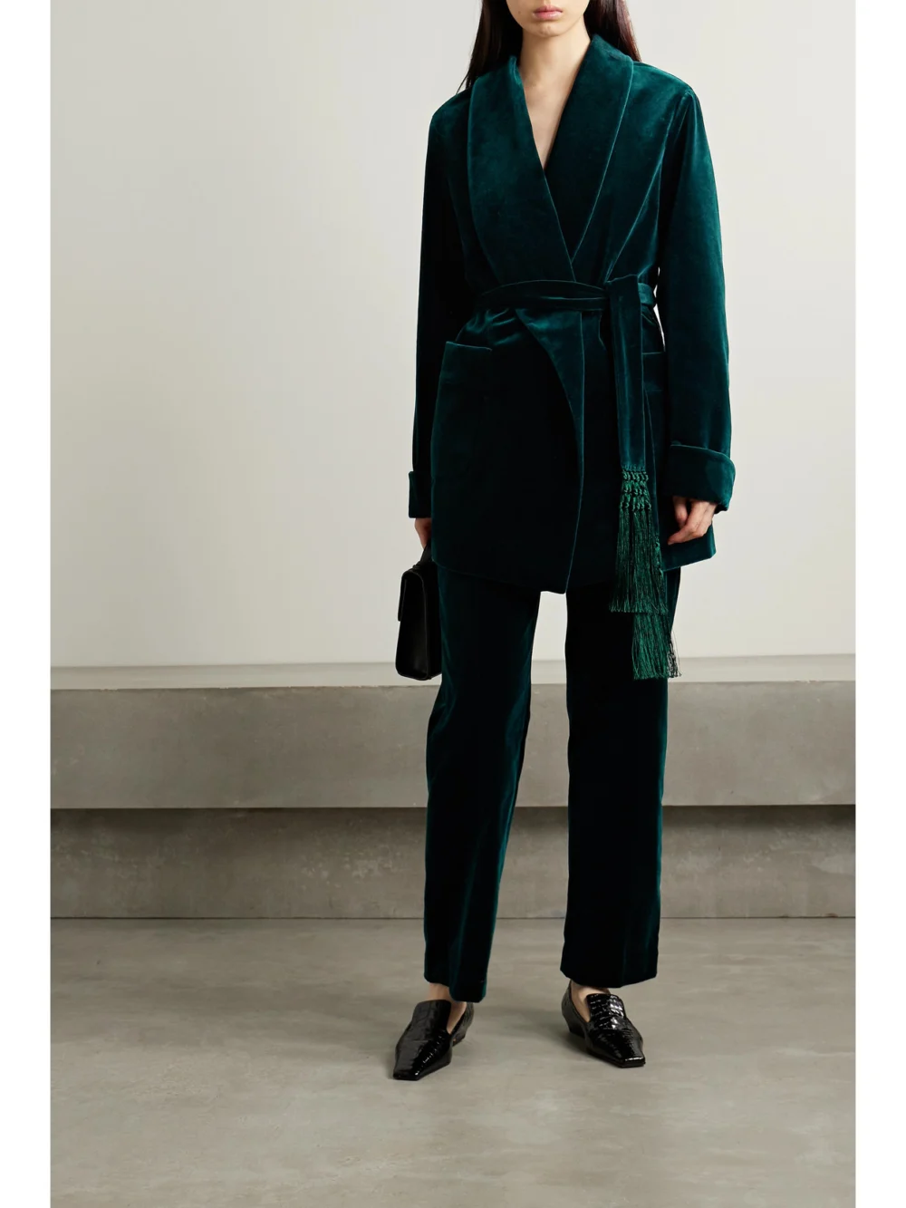 Loro Piana Raniya Belted Macramé-trimmed Cotton-blend Velvet Jacket, worn by a model