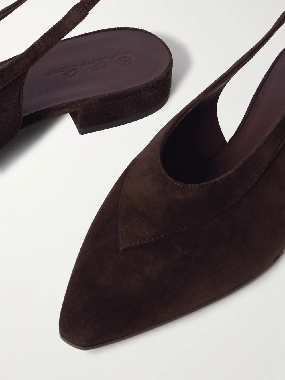 Close-up detail of the Loro Piana Rebecca Layered Suede Slingback Flats