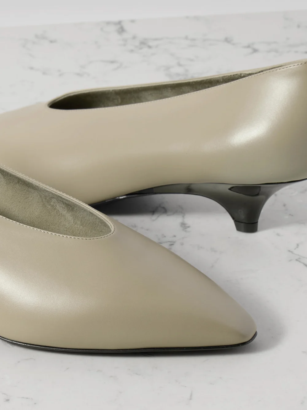 Close-up detail of the Loro Piana Rebecca Leather Pumps