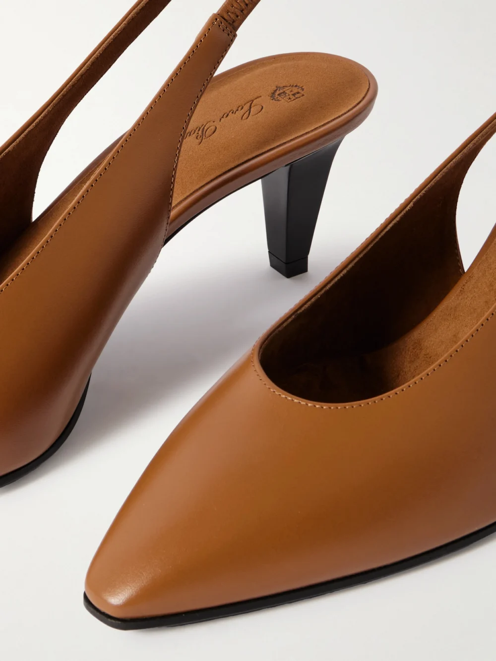 Close-up detail of the Loro Piana Rebecca Leather Slingback Pumps