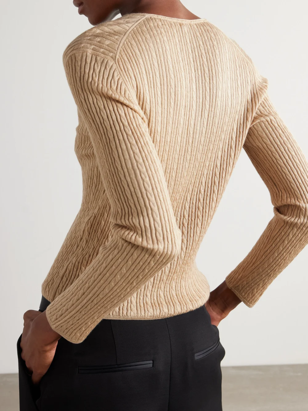 Back view of the Loro Piana Rimella Cable-knit Cashmere and Silk-blend Cardigan