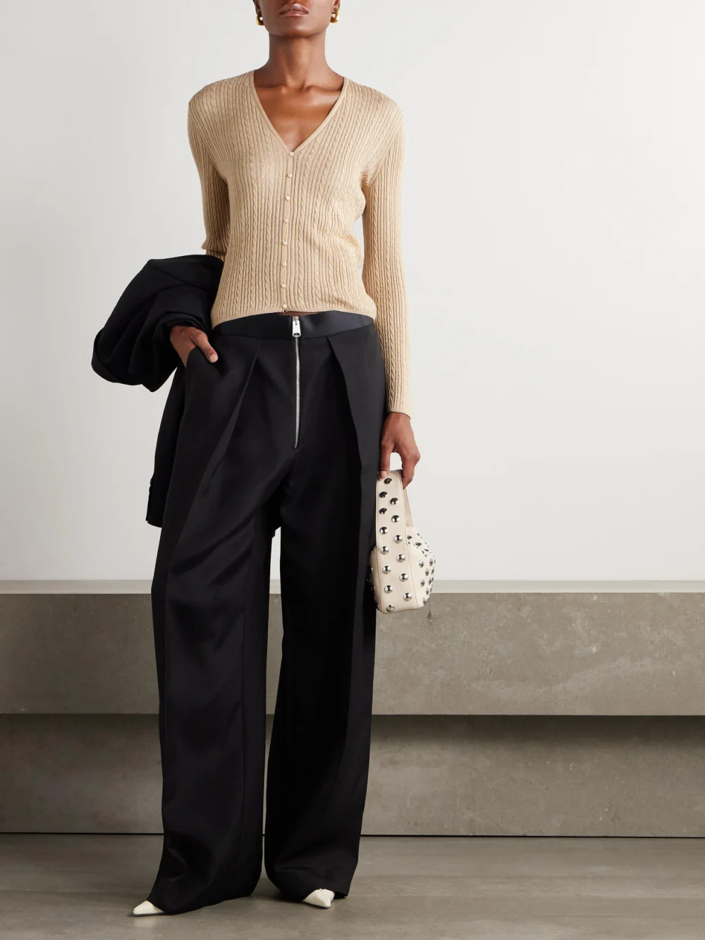 Loro Piana Rimella Cable-knit Cashmere and Silk-blend Cardigan, worn by a model